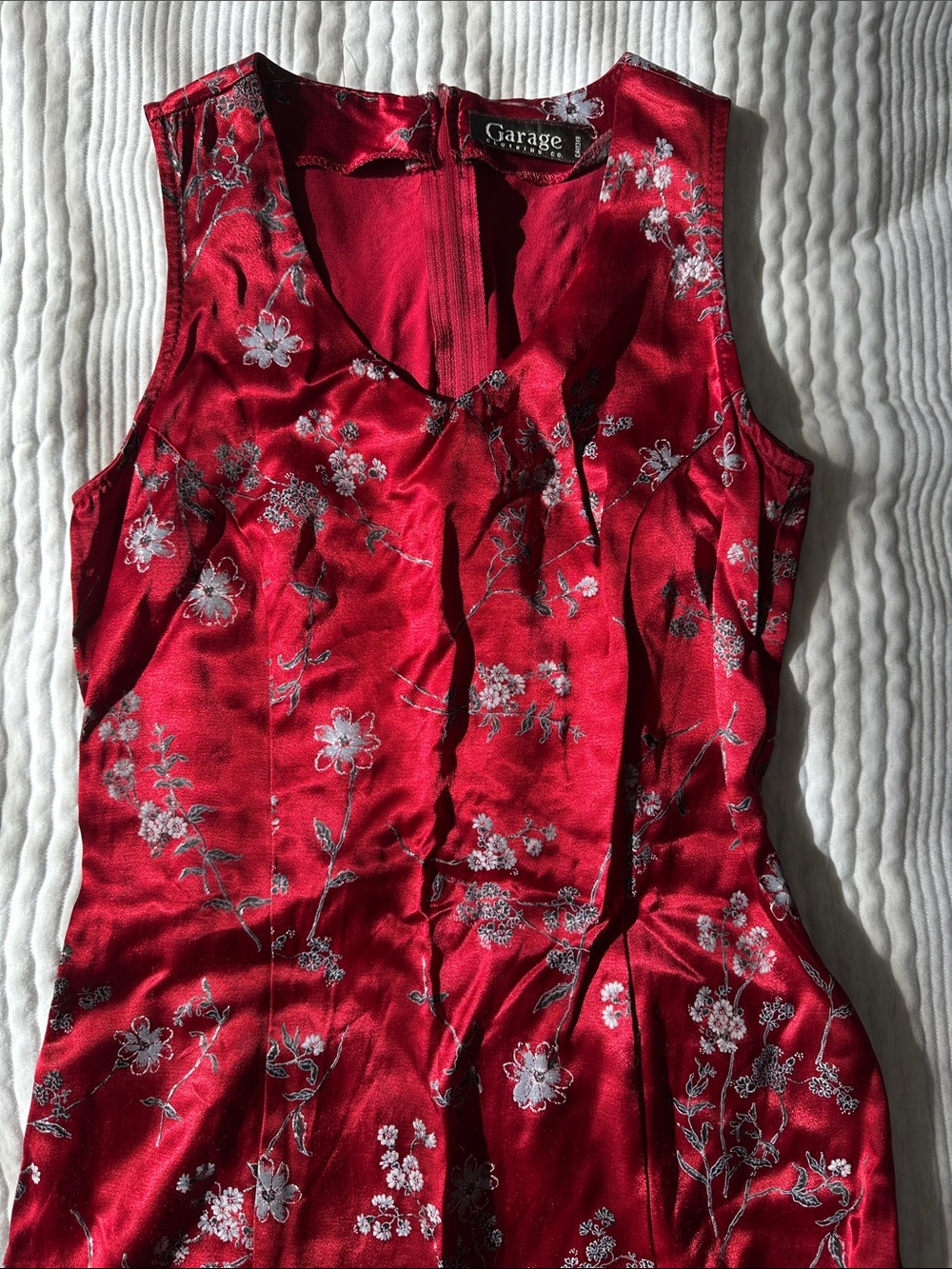 Red Satin Floral V-Neck Mini Dress